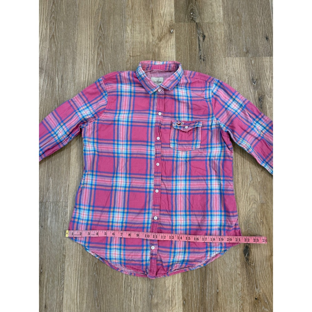 Hollister Preppy Coastal Y2K Gingham Plaid Button Down Shirt Women L Pink Blue - Picture 8 of 11